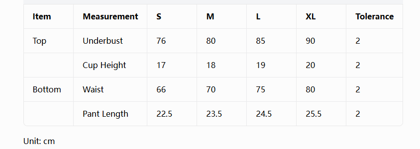 Size chart for Women's Sexy Bikini Swimsuit Two Piece Beach Swimwear Triangle Cup Bikini measurements in cm.