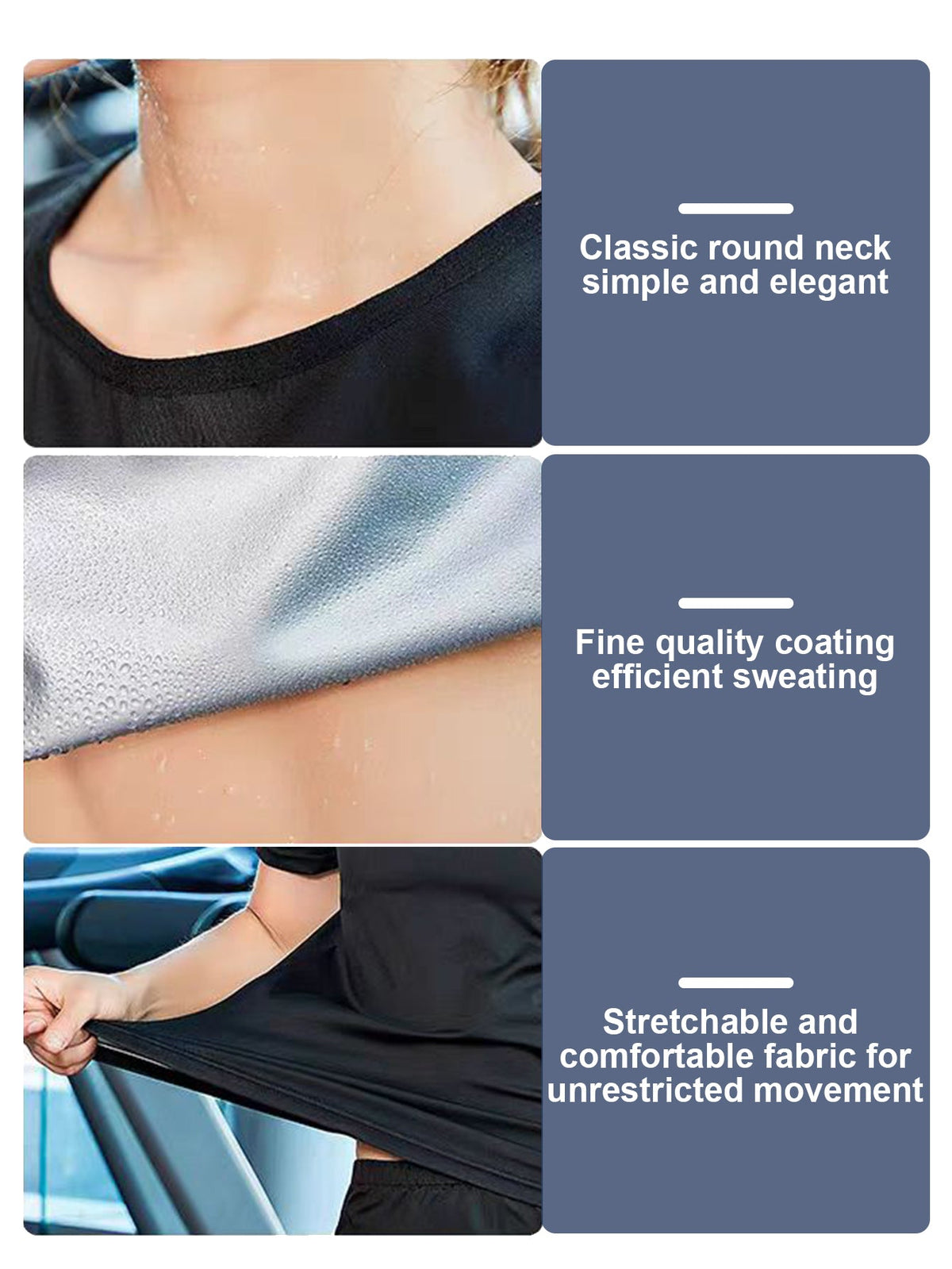 Sauna sweat suit women featuring classic round neck, fine quality coating, and stretchable fabric for comfortable movement.