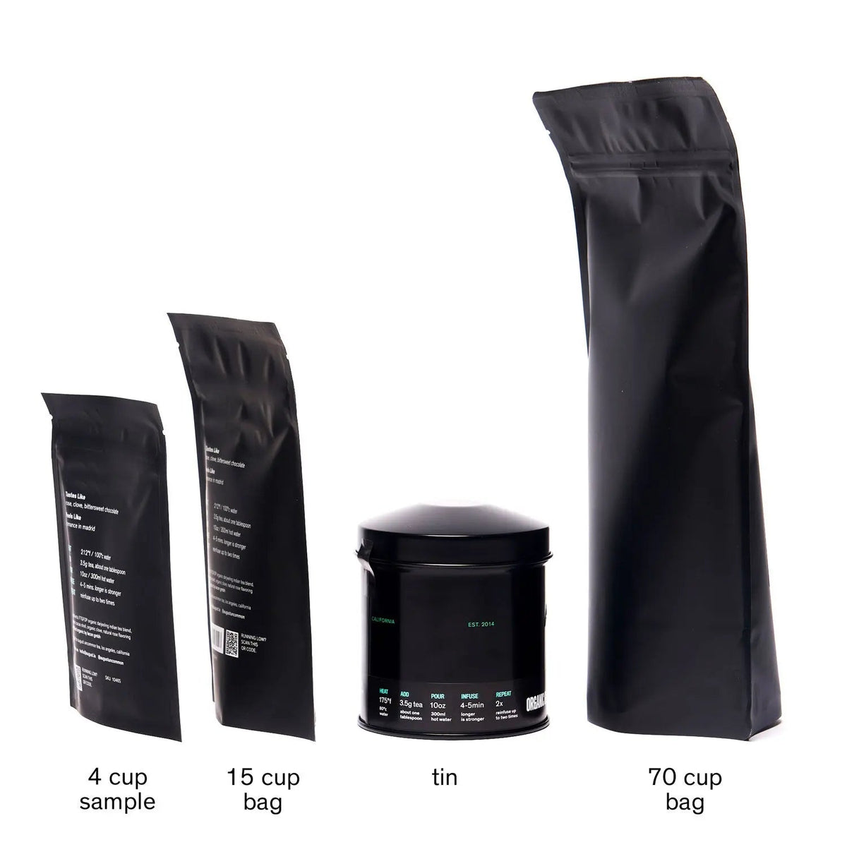 Cabaret - Cherry Chocolate Black Tea packaging options: 4 cup sample, 15 cup bag, tin, and 70 cup bag.