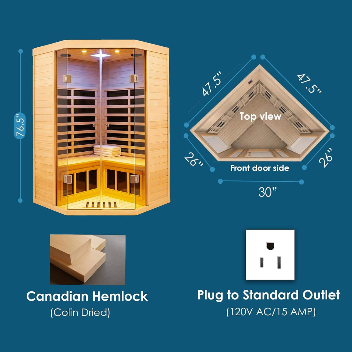 Laurent Premium 2-Person 1600W Corner Space Infrared Wooden Sauna Room With Bluetooth Speakers (SAK81524)