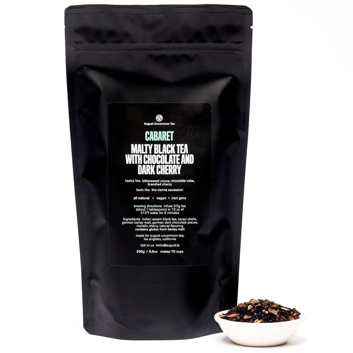 Cabaret cherry chocolate black tea bag showcasing malty black tea with chocolate and dark cherry, 70 cup size.
