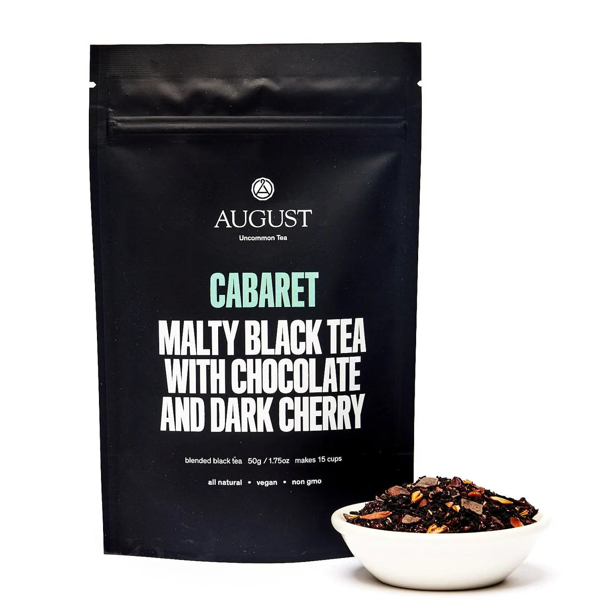 Cabaret cherry chocolate black tea packaging with tea leaves in a bowl, offering a rich and luxurious tea experience.