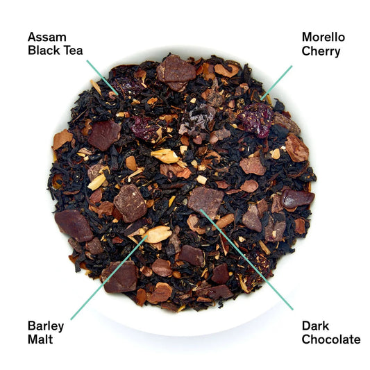 Cherry chocolate black tea blend featuring Assam black tea, Morello cherry, barley malt, and dark chocolate pieces.