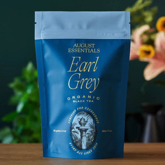 Essentials Earl Grey Black Tea bag, high quality earl grey black tea, organic, velvety with bergamot flavor, makes 15 cups.