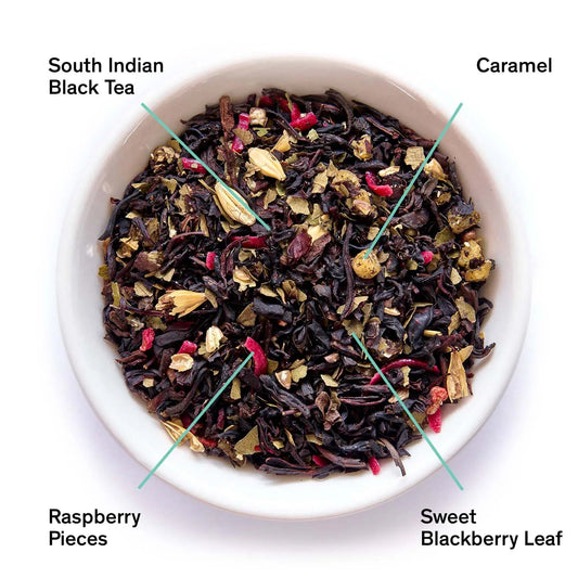 Bowl of South Indian black tea with raspberry pieces, caramel, and sweet blackberry leaf, highlighting raspberry burnt sugar black tea.