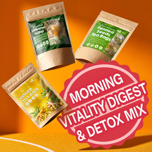 Morning Vitality Tea Bundle featuring herbal tea bags of lemongrass, fennel seeds, and ginger.