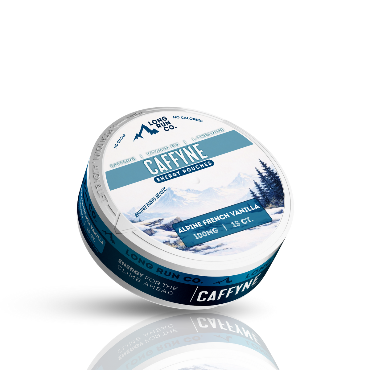 CAFFEINE Pouches by CAFFYNE, Alpine French Vanilla flavor in a compact container, offering fast energy for athletes.