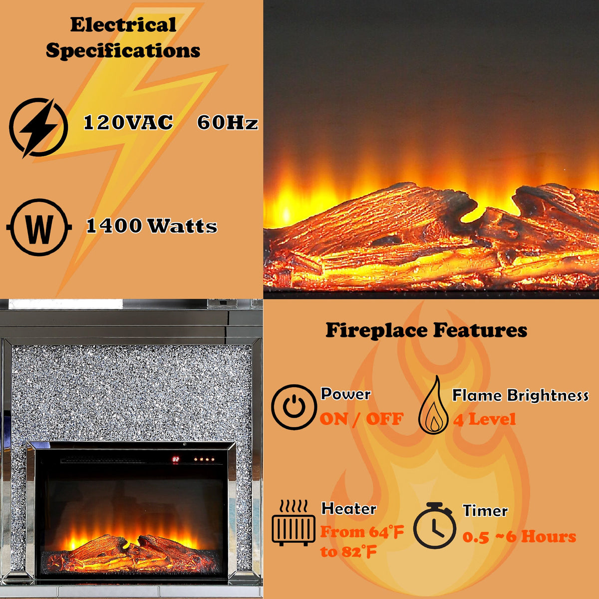 Infographic showing electrical specifications and adjustable features of the Mirrored Electirc Fireplace with faux diamond inlay.
