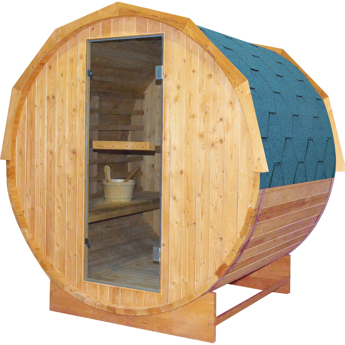 Traditional cylindrical sauna with a wooden exterior and glass door, perfect for backyard relaxation.