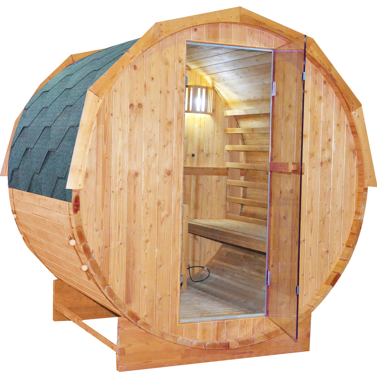 Traditional cylindrical sauna with wooden structure and glass door, ideal for relaxation and wellness.