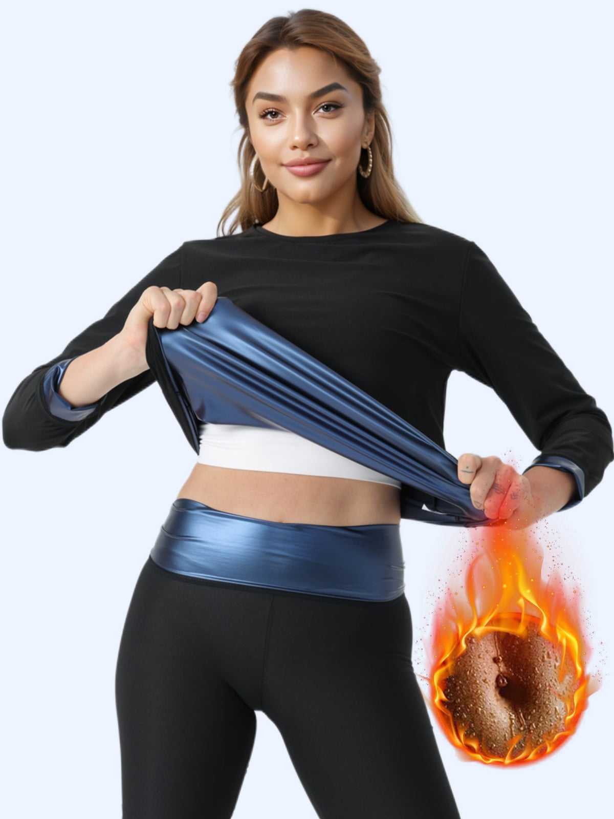 Woman showcasing blue sauna sweat suit women, highlighting heat-trapping fabric for effective weight loss during workouts.