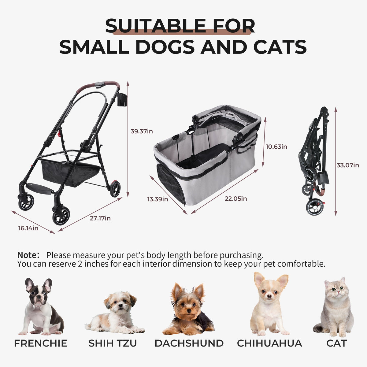 Foldable 4-Wheel Pet Stroller with Adjustable Canopy - Grey