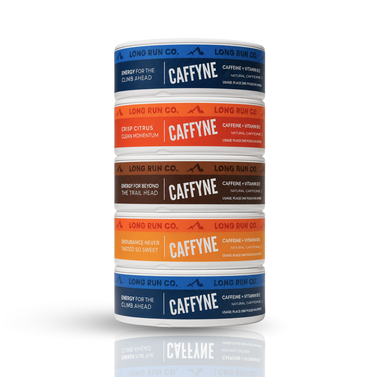 CAFFEINE pouches from CAFFYNE stacked display with colorful labels and energizing flavors.