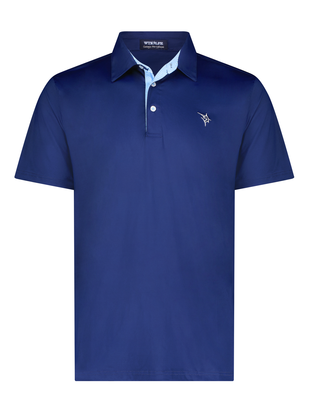 Navy performance polo shirt featuring a lightweight design, breathable fabric, and a stylish collar.