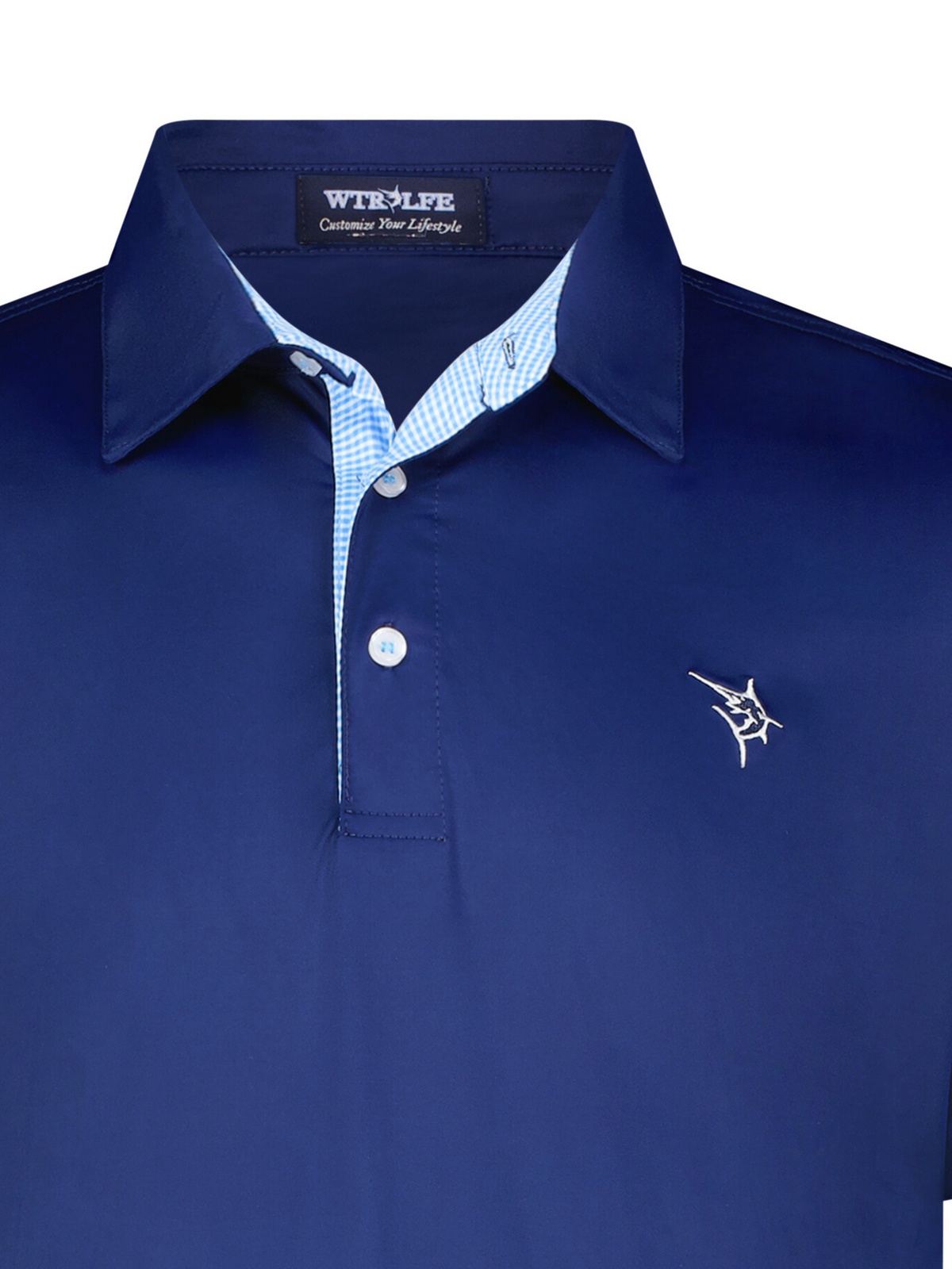 Navy performance polo shirt featuring a clean design with breathable fabric and stylish collar detail.