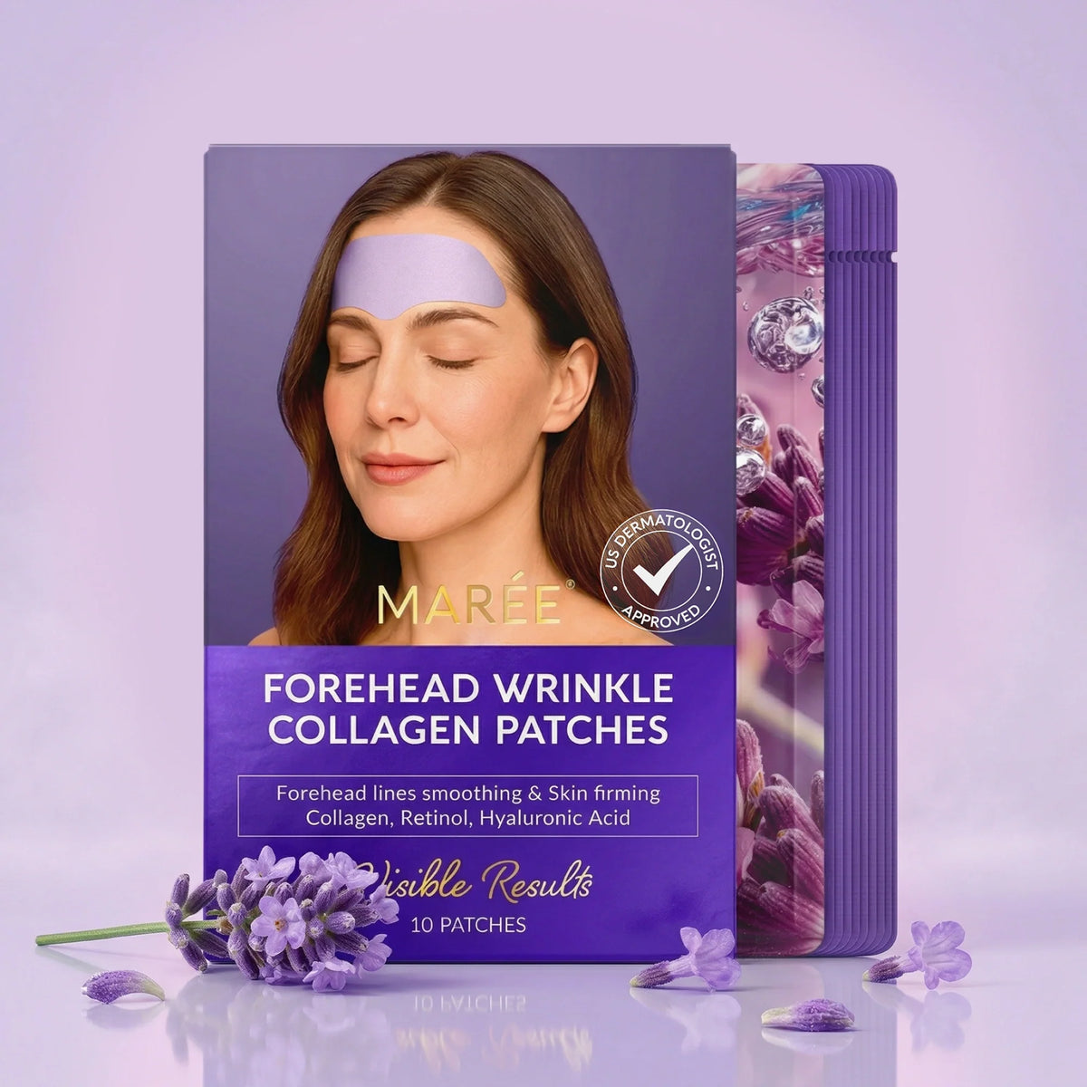 Anti-Wrinkle Forehead Patches for Women packaging showing a woman using the product to reduce forehead wrinkles.