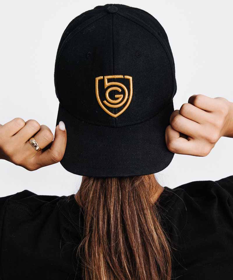 G5 Flat Billed Snap Back Hat featuring a stylish black design with an embroidered logo on the back.