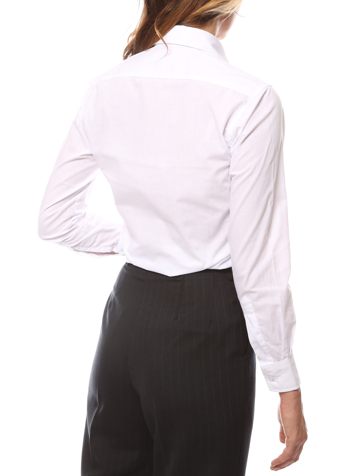 Back view of a woman wearing Ferrecci women's regular fit aviator dress shirt with button cuffs.