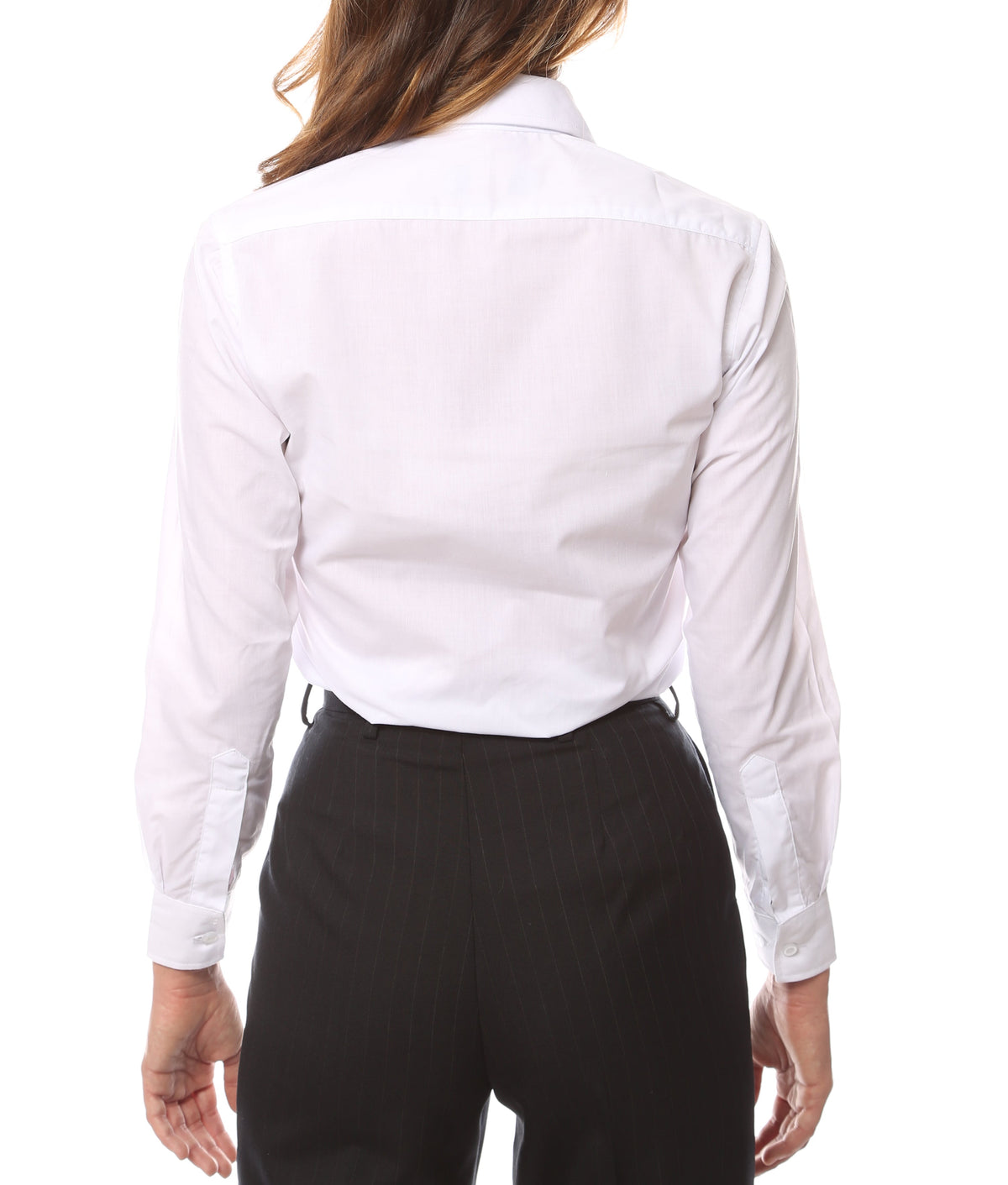 Back view of a woman wearing a white shirt, showcasing the design of the women's regular fit aviator dress shirt.