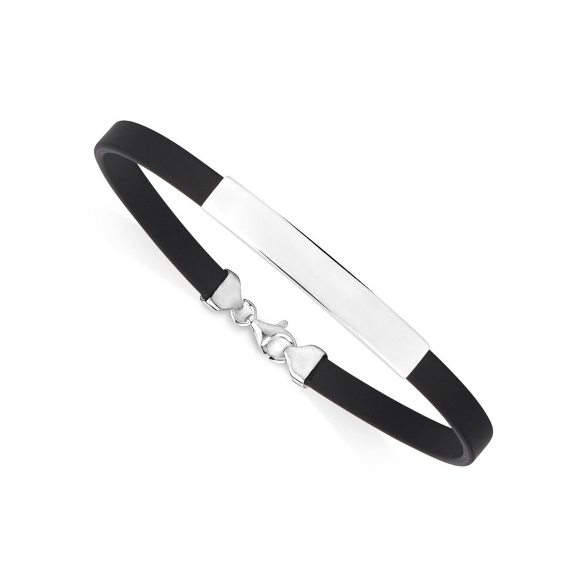 A sleek mens sterling silver id bracelet with rubber band featuring an engravable polished silver bar.