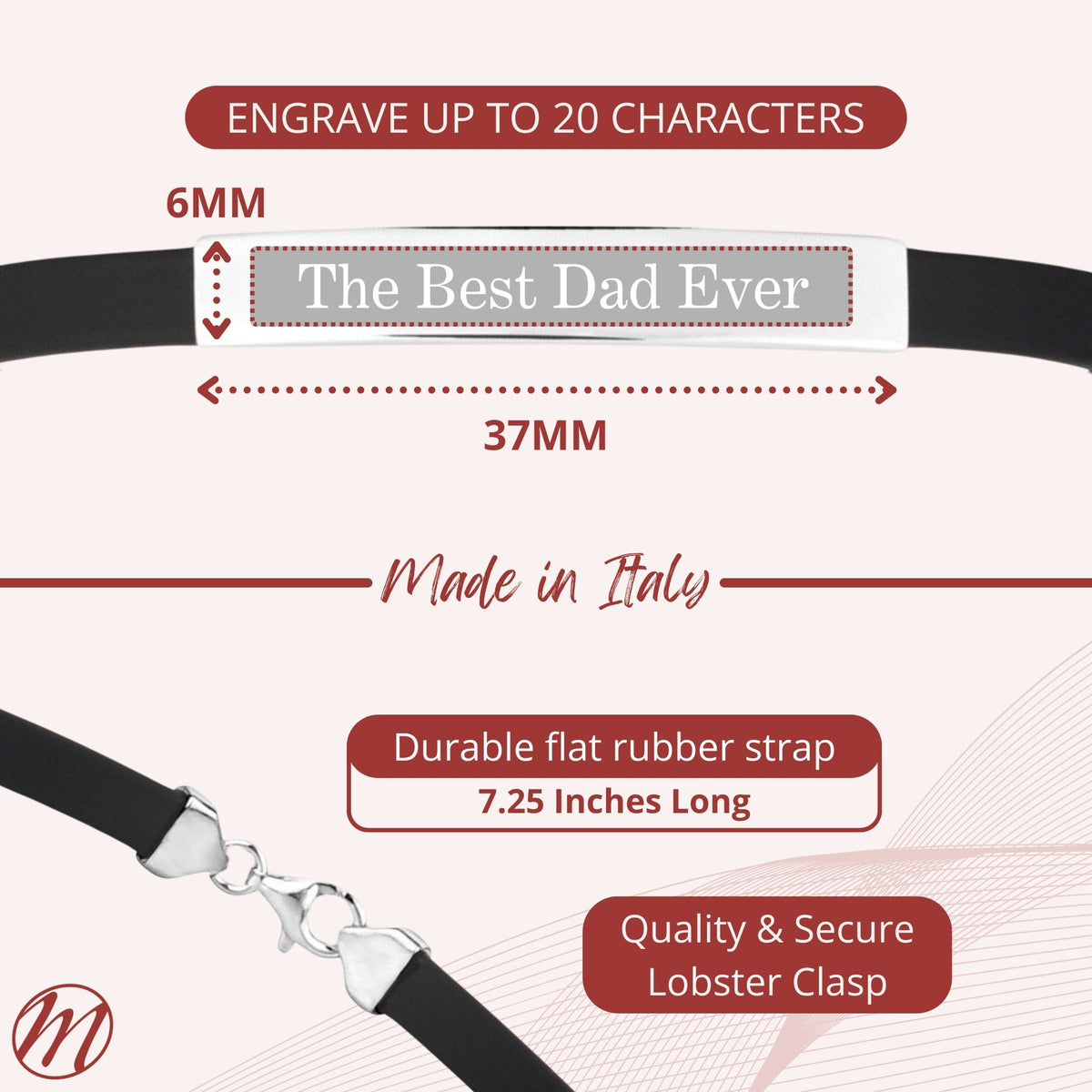 Product details for the mens sterling silver id bracelet with rubber band showing engraving size, durable strap, and lobster clasp.