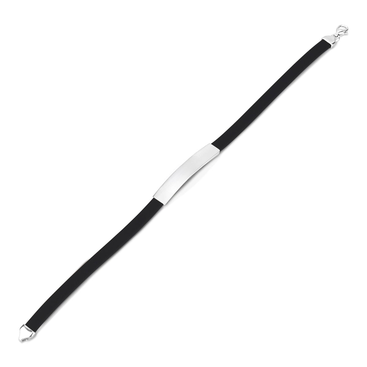 A mens sterling silver id bracelet with rubber band showcasing a polished engravable ID bar and a secure clasp.