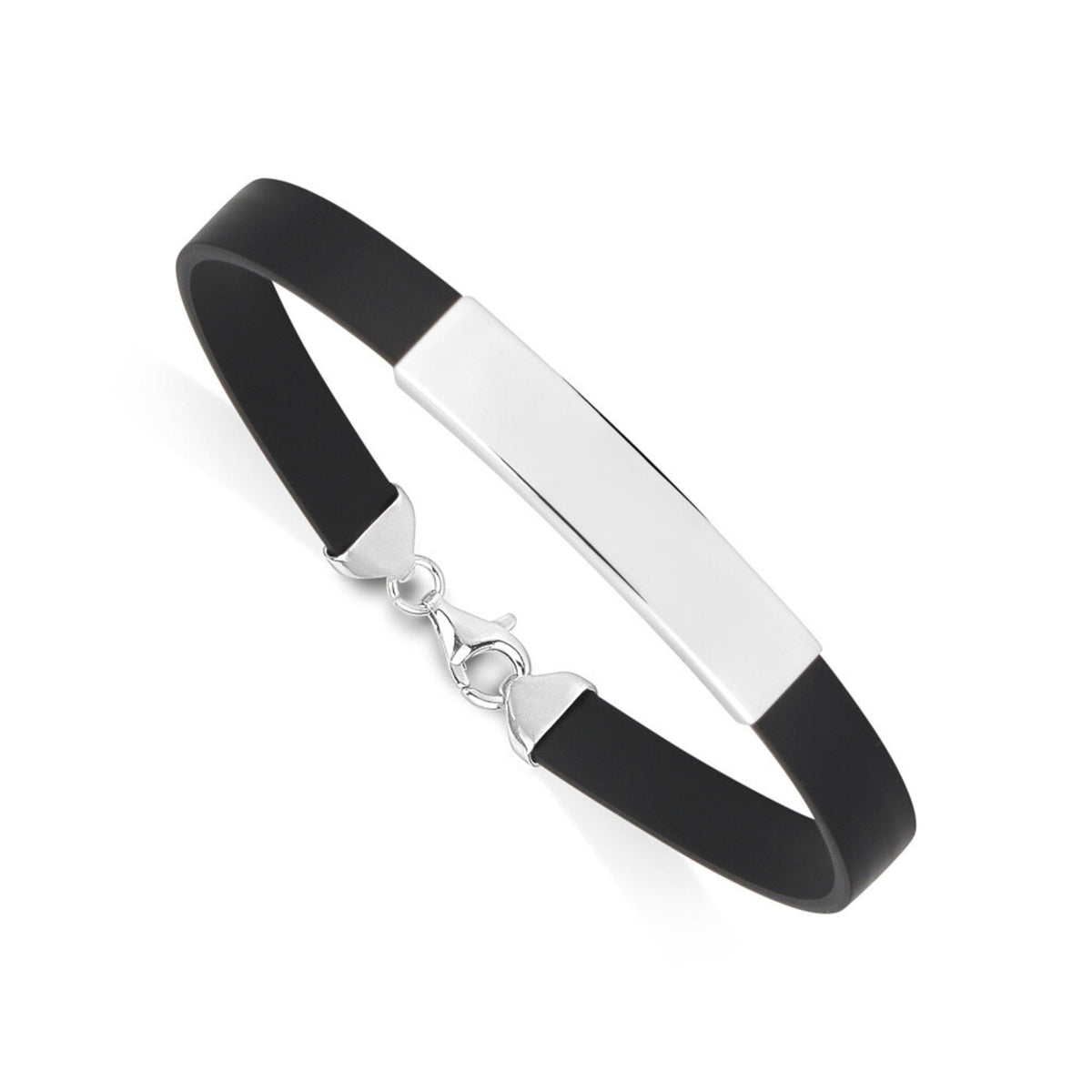 Sleek engravable mens sterling silver id bracelet with rubber band featuring a silver clasp.
