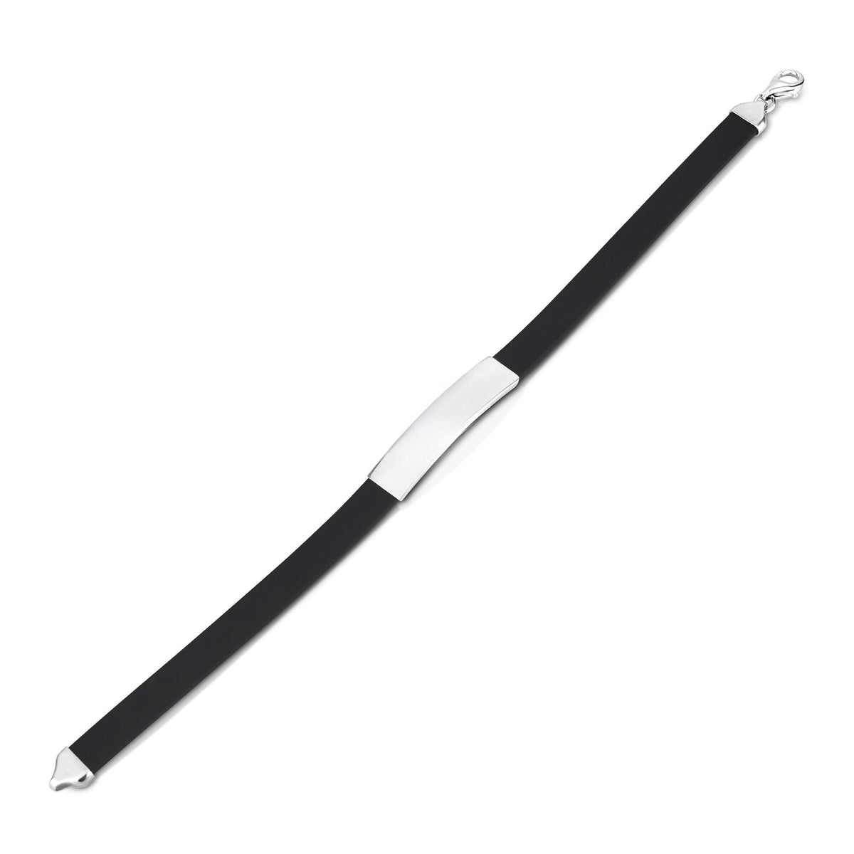 Sleek mens sterling silver id bracelet with rubber band featuring an engravable 925 silver bar on a flat black band.