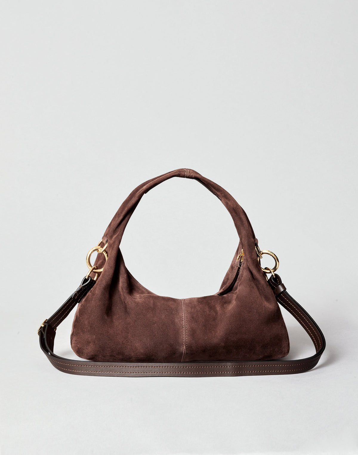 Mini Everyday Shoulder Bag in chocolate suede with supple finish and slouchy design for effortless luxury.