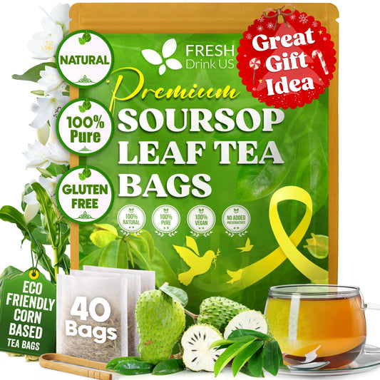 Premium Soursop Leaves Tea Bags, eco-friendly 40 tea bags, natural herbal benefits, gluten-free, by FreshDrinkUS.