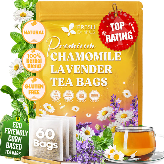 Premium Chamomile Lavender Tea Bags with 60 bags, eco-friendly packaging, and natural ingredients.