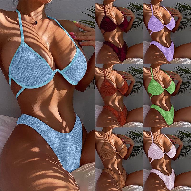 Backless triangle bikini swimsuit in multiple colors, showcasing a stylish and comfortable design perfect for beachwear.