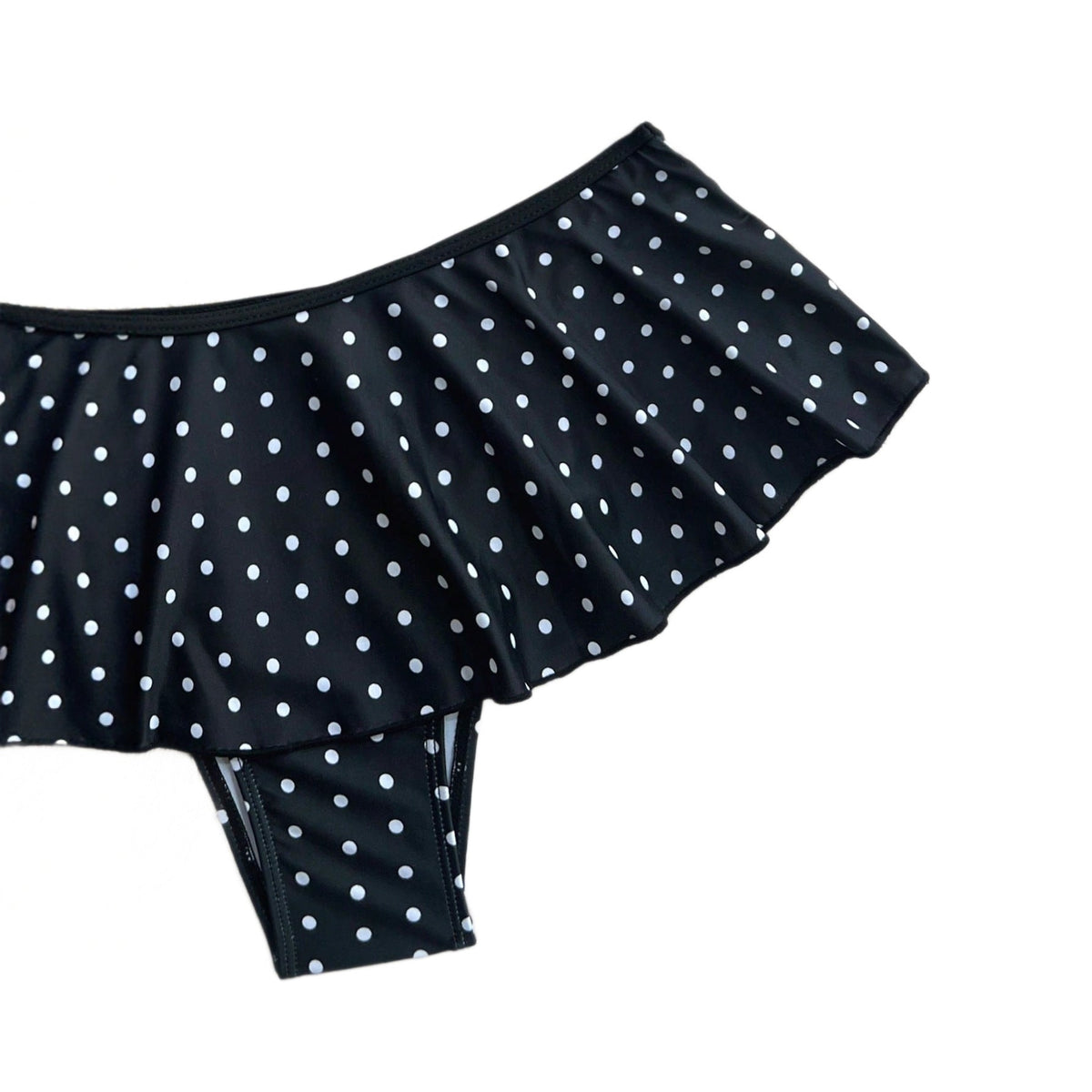 leopard print skirted bikini swimsuit featuring a chic black polka dot design and flirty ruffled detailing.
