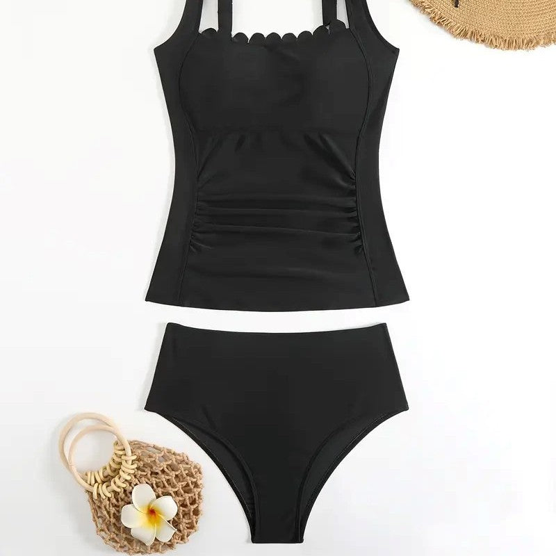 Black two-piece tummy control women's swimsuit with ruffled straps for a flattering fit.