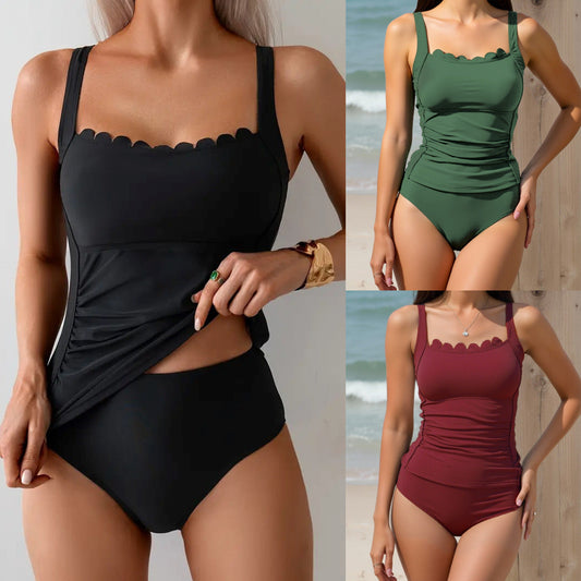 Black two-piece tummy control women's swimsuit with ruffled straps for a flattering fit.