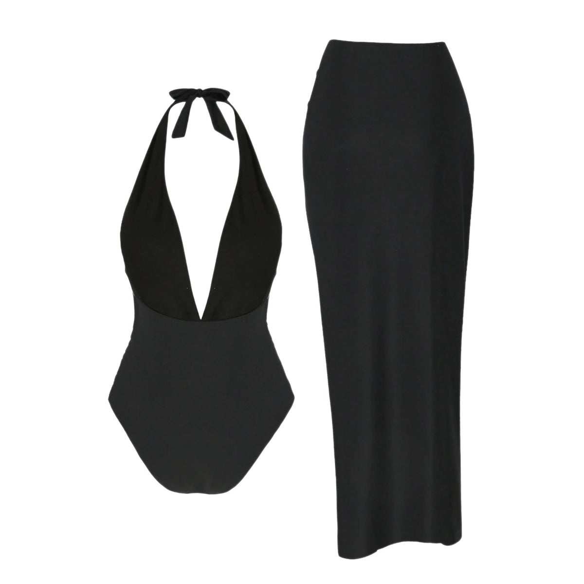 Sexy solid color one piece swimsuit with a halter neck design and a matching long skirt.