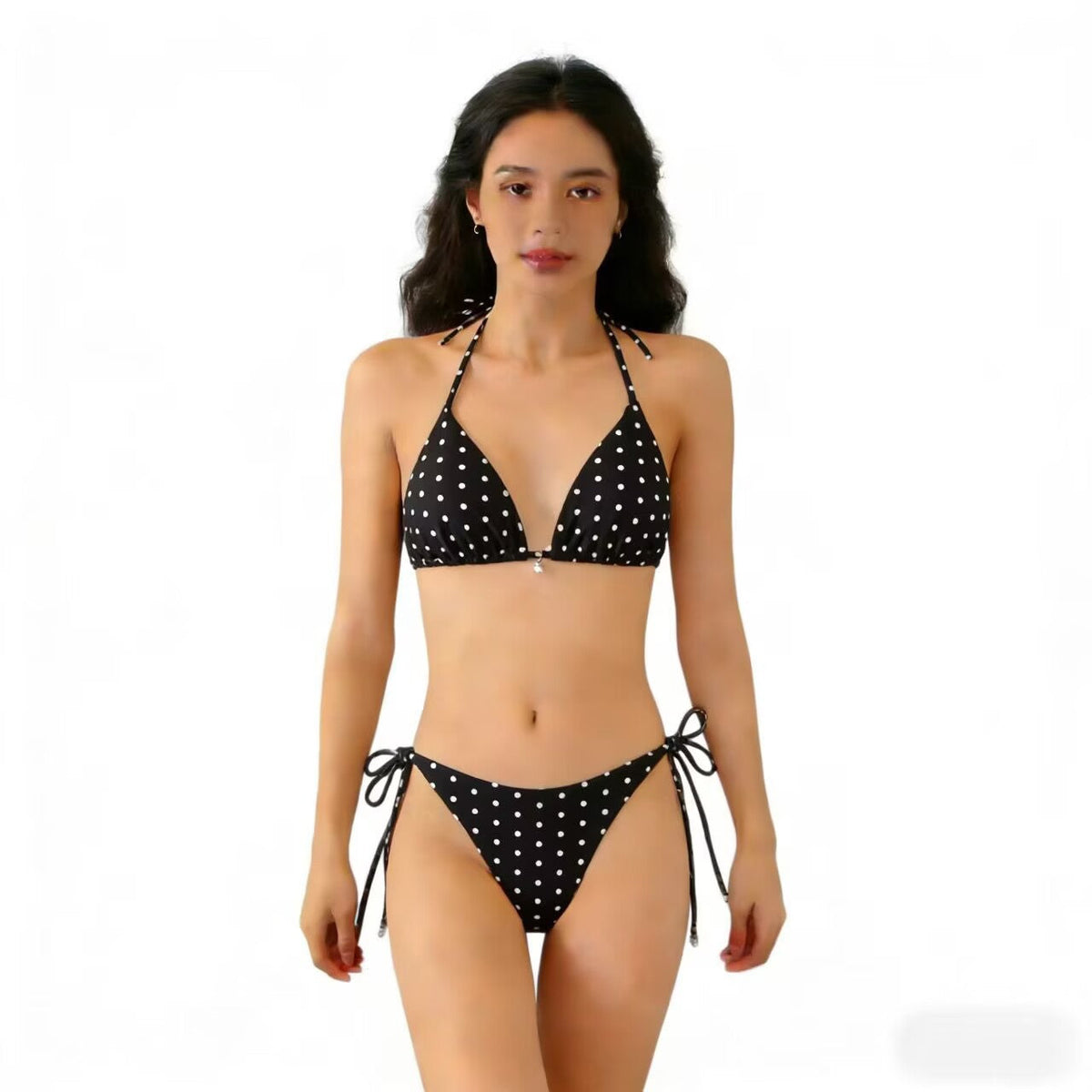Multicolor polka dot bikini swimsuit featuring a sexy triangle separated strap design.
