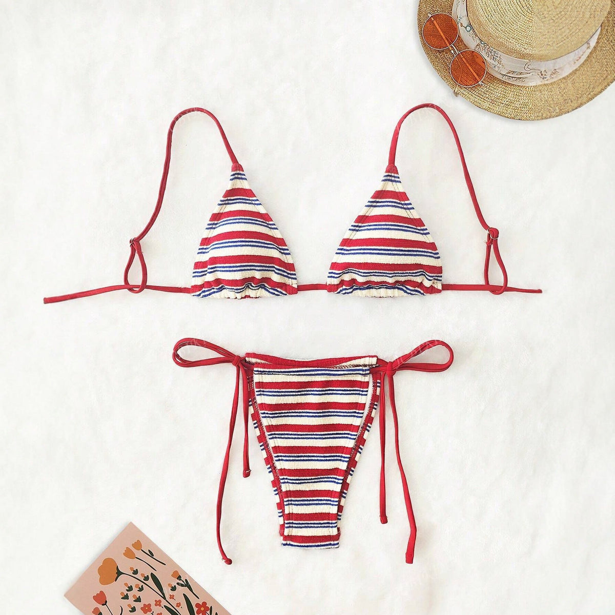 Special Fabric - Striped Low Waist Bikini Sexy Two Piece Swimwear for Women displayed on a soft white surface with accessories.