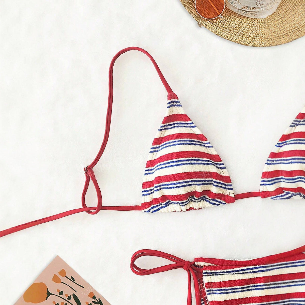 Special Fabric - Striped Low Waist Bikini Sexy Two Piece Swimwear for Women, showing a stylish bikini top with red and blue stripes.