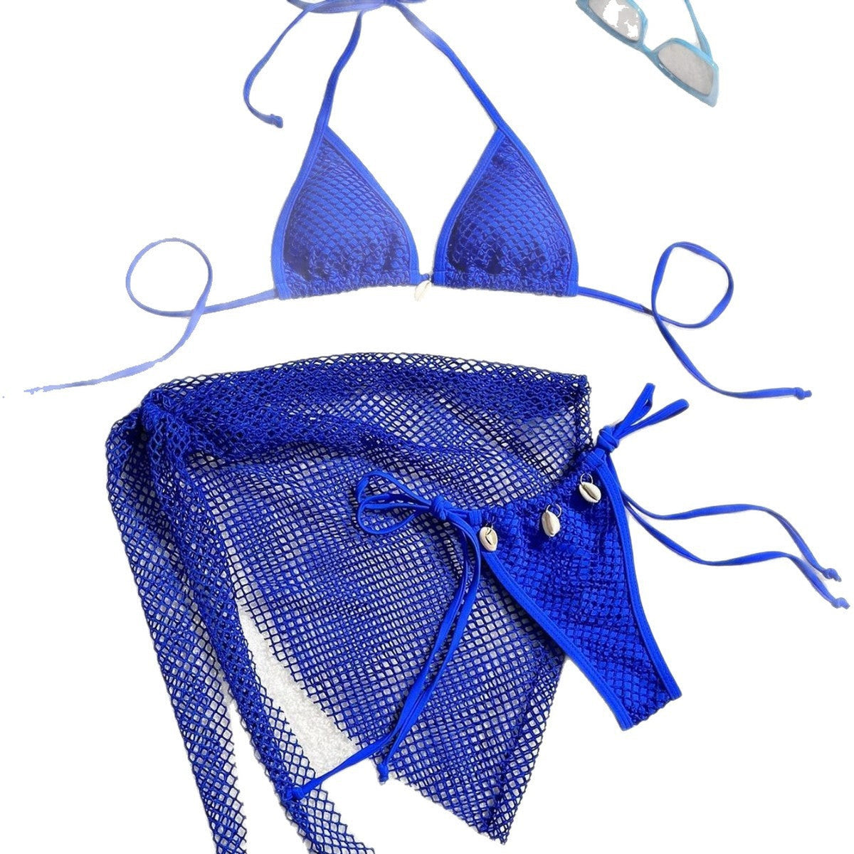 Three piece bikini swimsuit for women in blue, featuring a stylish netted cover-up and accessories.