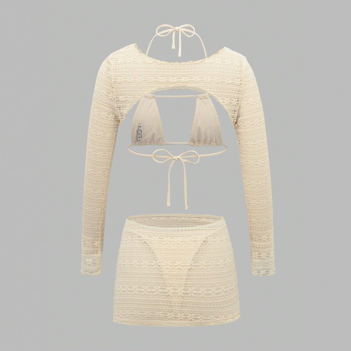 Sexy bikini cover up set featuring a long sleeve top and skirt, perfect for beachwear.