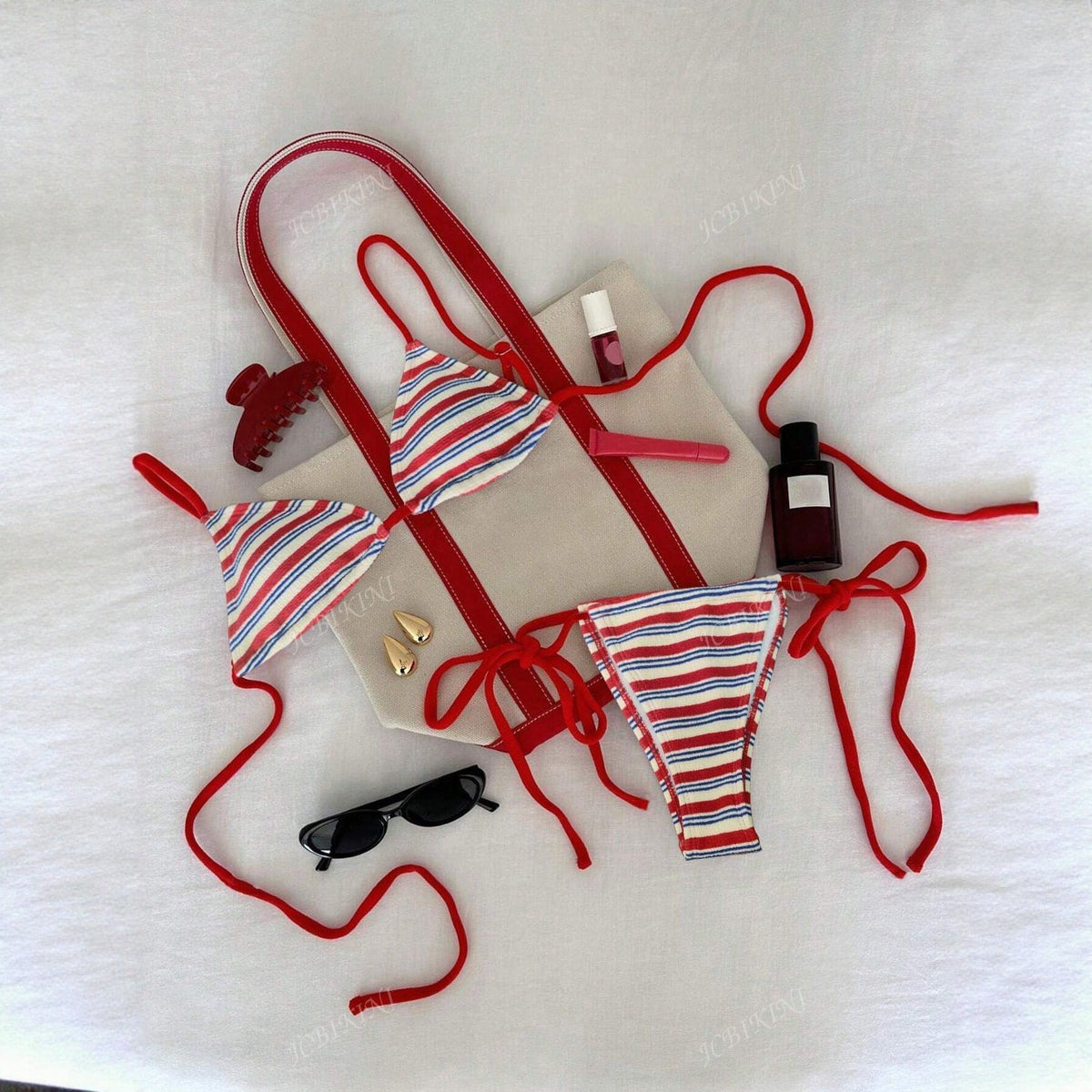 Special Fabric - Striped Low Waist Bikini Sexy Two Piece Swimwear for Women with red and white stripes