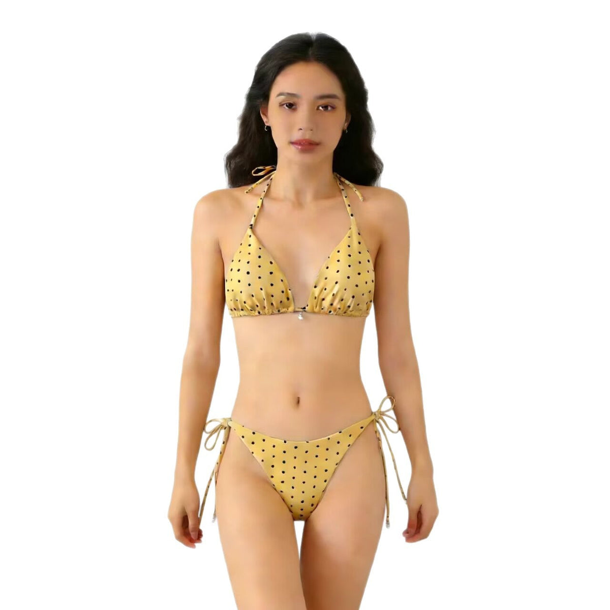 Multicolor polka dot bikini swimsuit featuring a sexy triangle separated strap design on a model.