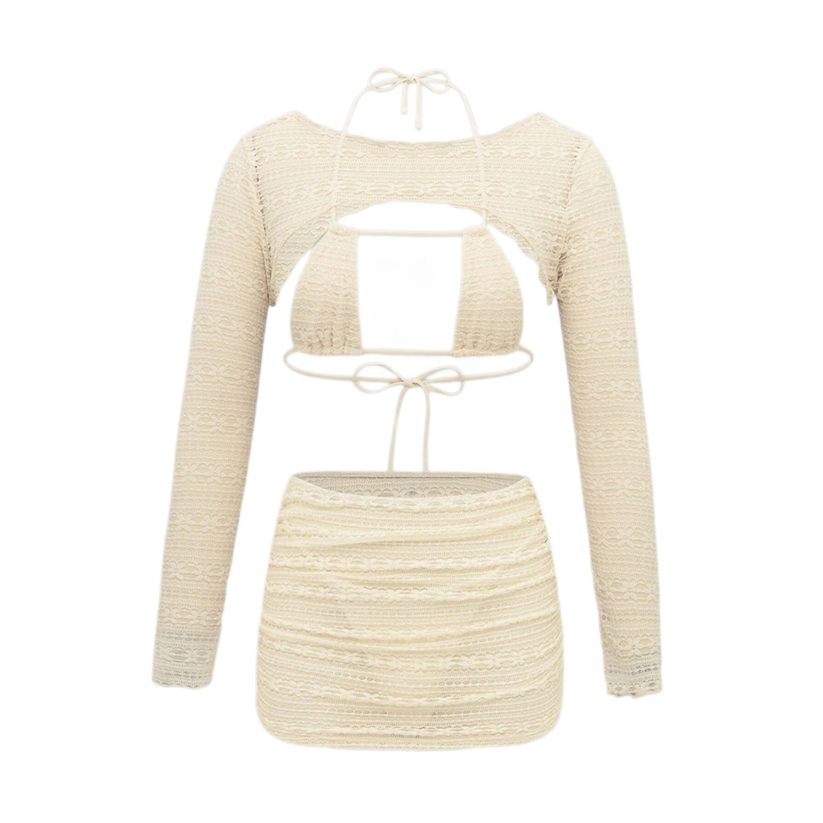 Sexy bikini cover up set featuring a long sleeve top and matching skirt, perfect for beachwear.