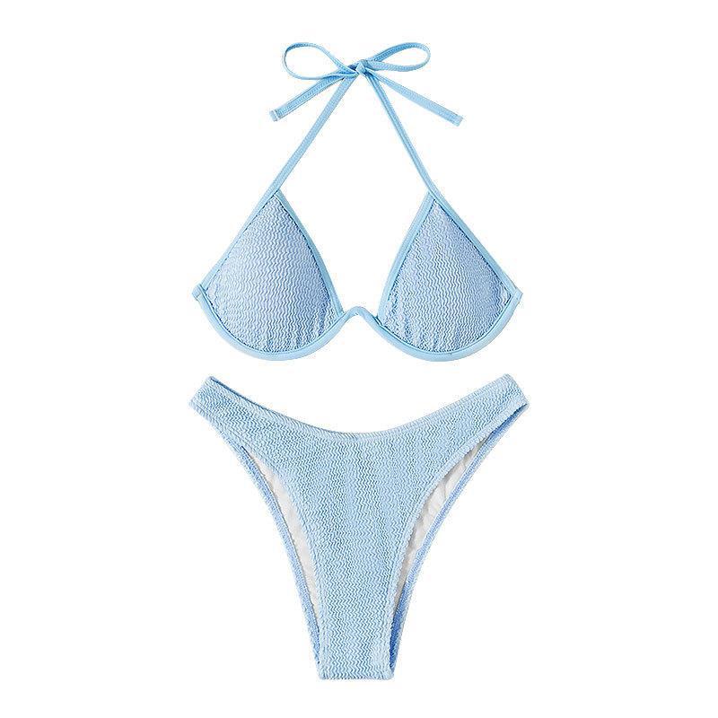 Lace up backless triangle bikini swimsuit in light blue, perfect for beachwear with comfortable and stylish design.