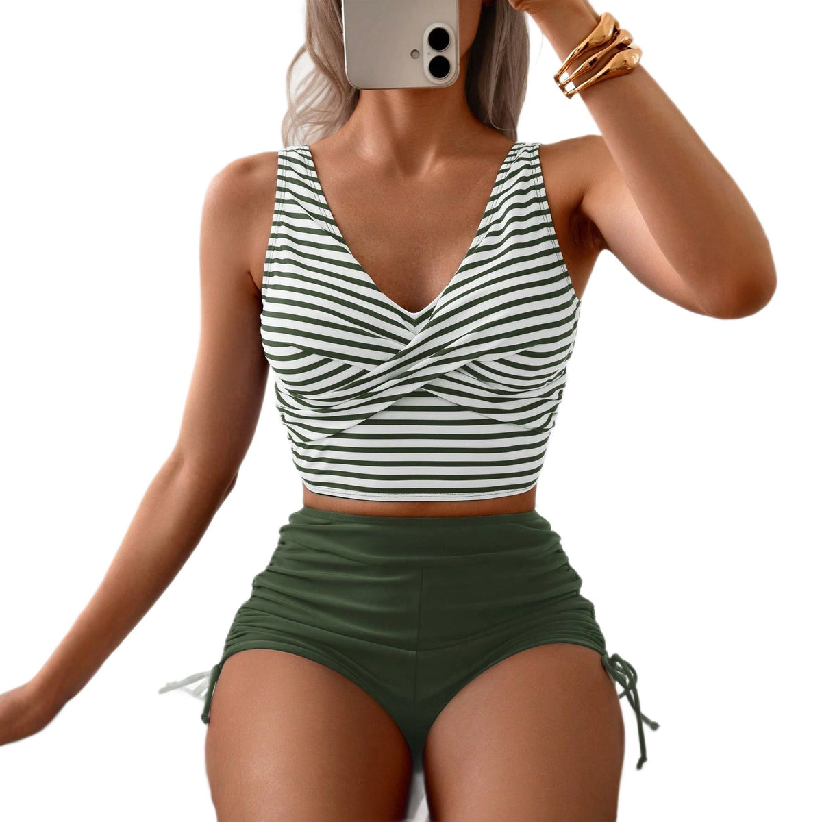 Women's Quick Dry Two Piece Bikini Swimsuit featuring a striped cross back tank and high waist boxer briefs.