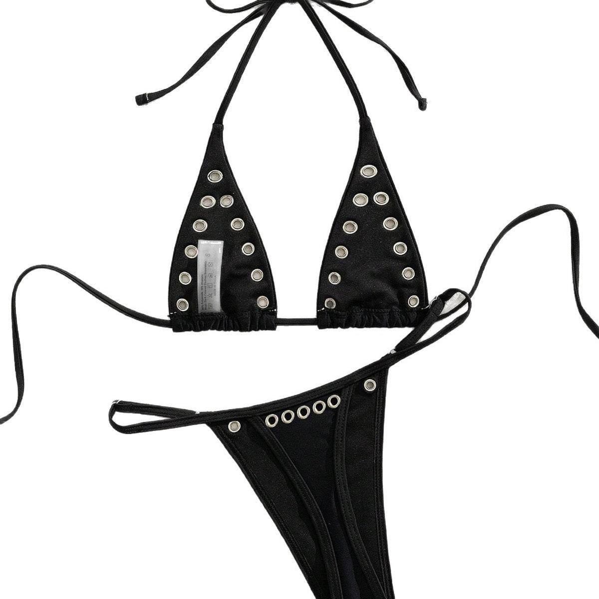 Sexy Metal Ring accents halter bikini set, French style retro girl swimsuit in black.