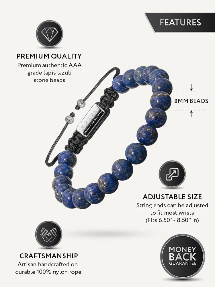 Product features infographic for the men's lapis lazuli beaded bracelet highlighting 8mm stone beads and adjustable size.