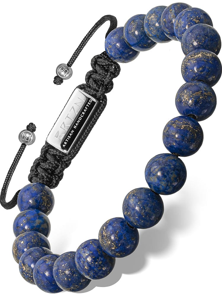 Handcrafted men's lapis lazuli beaded bracelet with deep blue gemstone beads, gold pyrite flecks, and an adjustable black cord.
