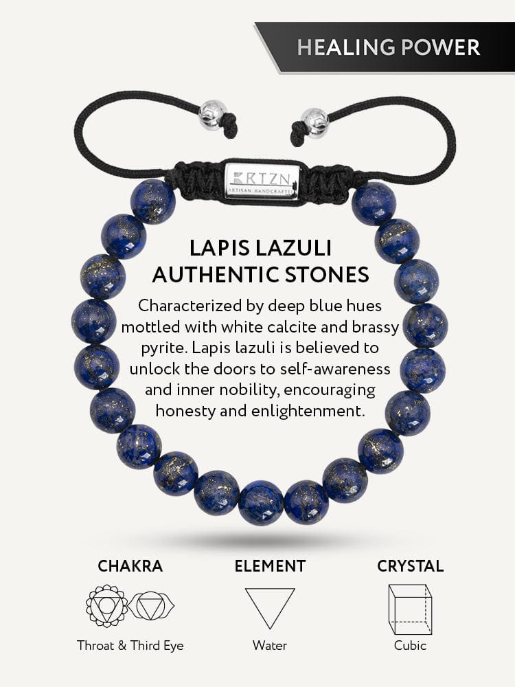 Infographic of a men's lapis lazuli beaded bracelet highlighting its healing power, throat chakra, water element, and cubic crystal.